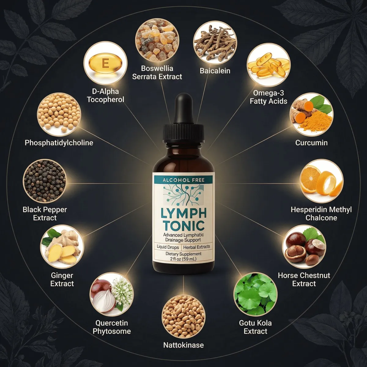 Lymph Tonic bottle surrounded by botanical ingredients